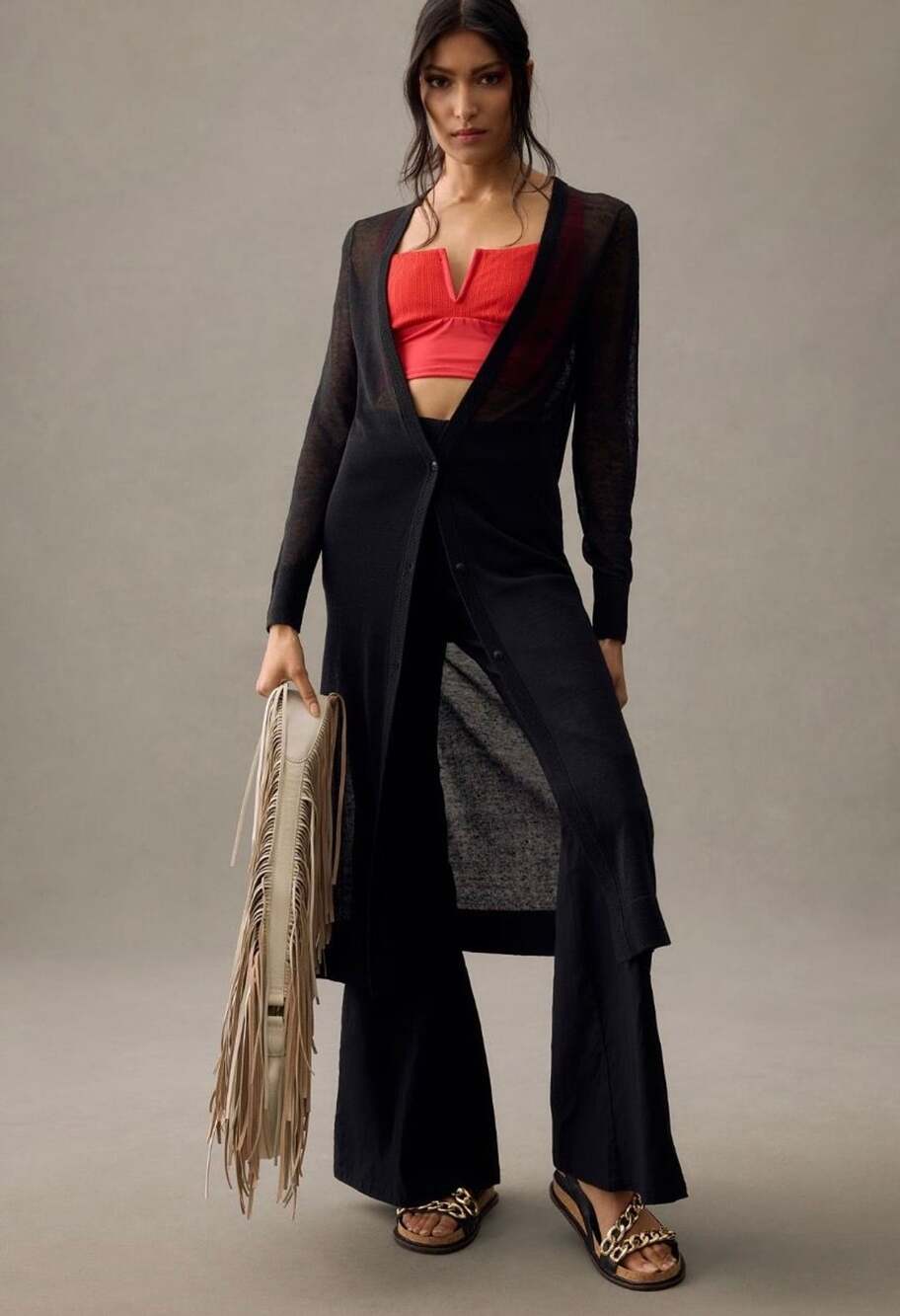 Maeve by Anthropologie Long Cardigan Size Medium Black Sheer Duster
